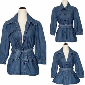 H&M Womens Belted Jean Jacket Denim Retro 3/4 Puff Sleeve Peter Pan Collar  Sz 8